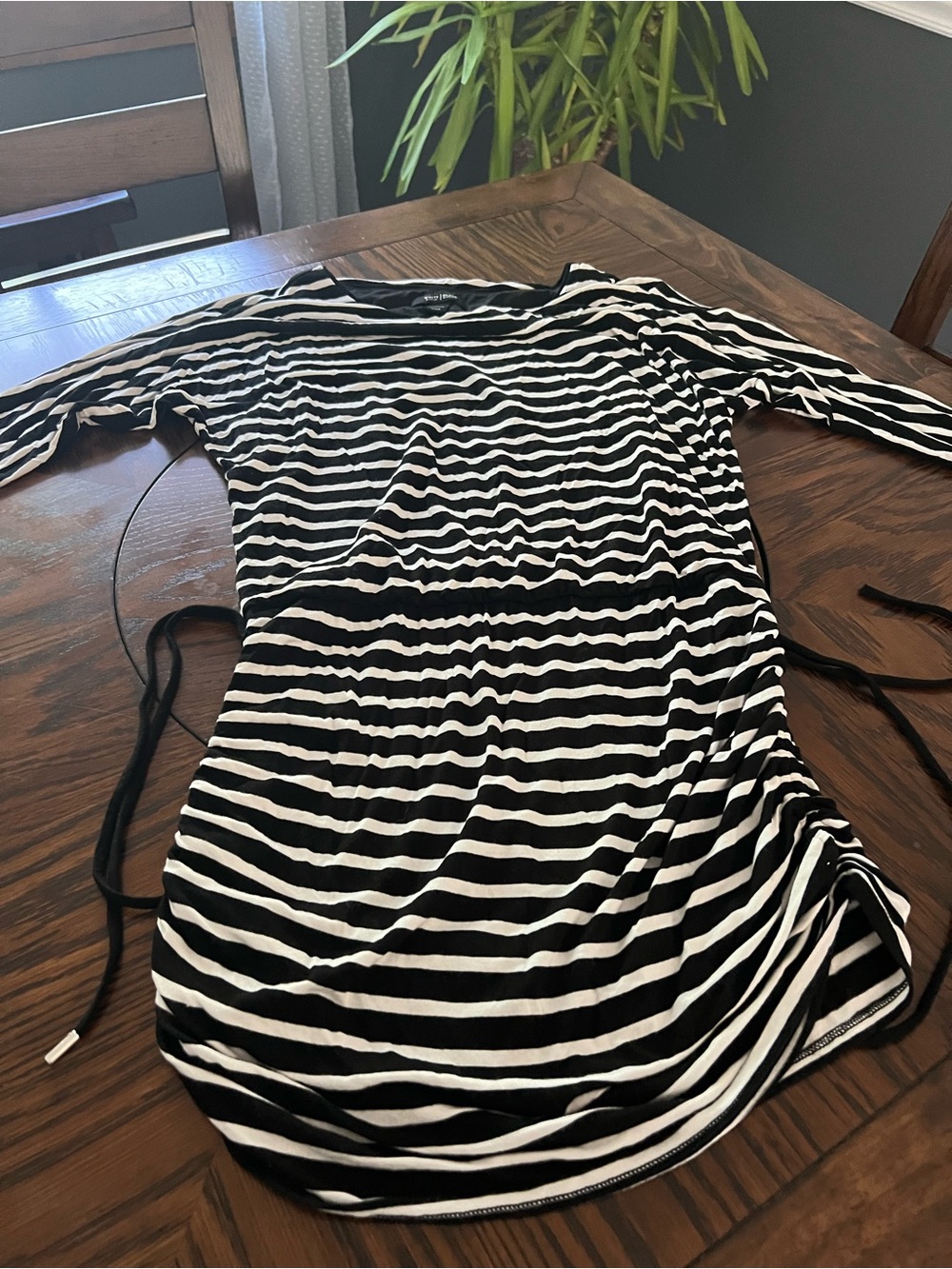 White House Black Market Black White Striped Ruched Boat Neck Short Dress S #660